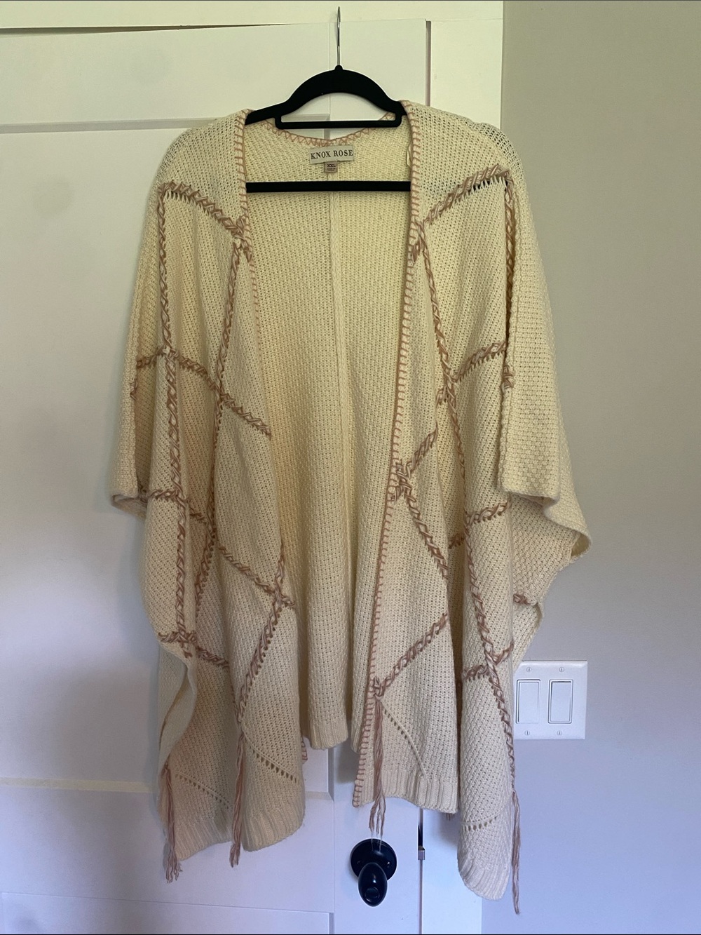 Knox Rose Cream Knit Open-Front Poncho with Taupe Stitching